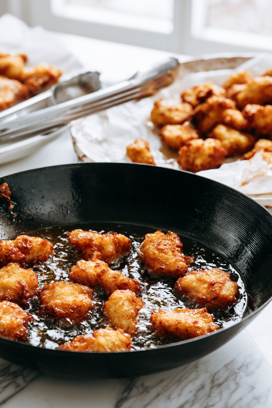 Carefully fry the chicken in batches for 4 to 5 minutes, turning occasionally, until golden brown and cooked through