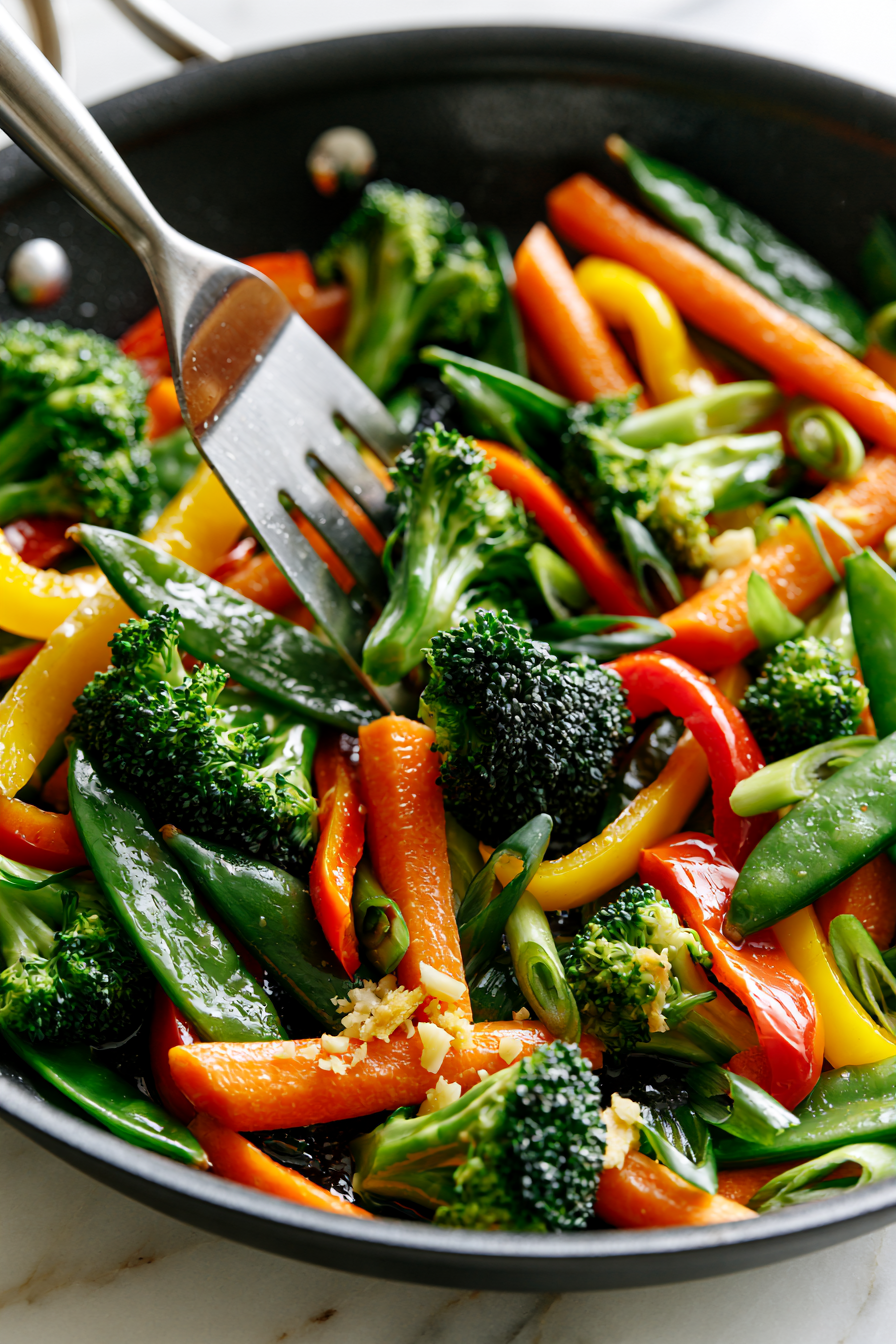 Cook the broccoli, carrots, and bell peppers for about 4 minutes then Stir in the garlic, ginger, and most of the green onions. Cook for about 30 seconds until fragrant.