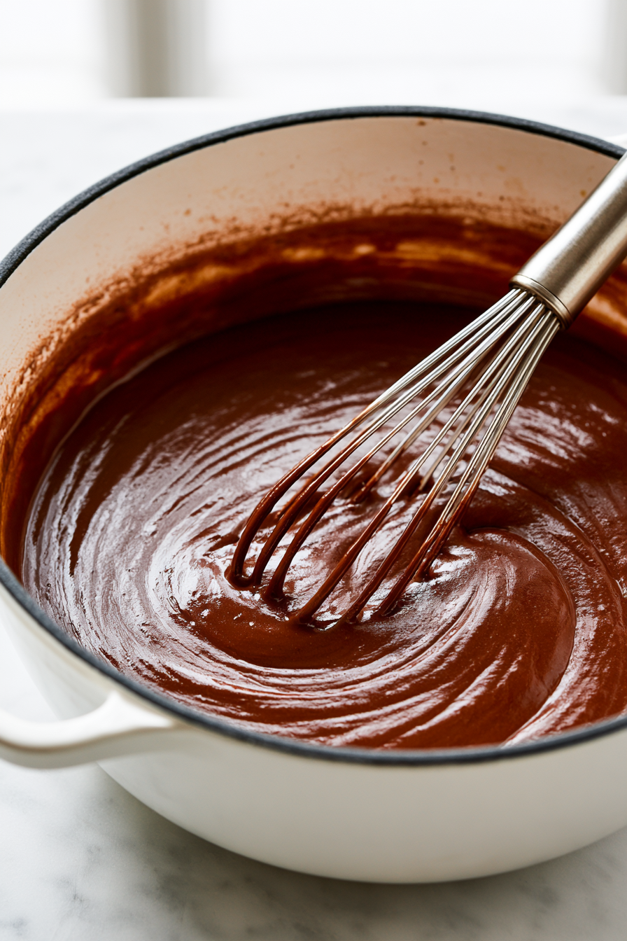 Cook the roux, stirring constantly, for 20 to 30 minutes until it reaches a deep milk chocolate color