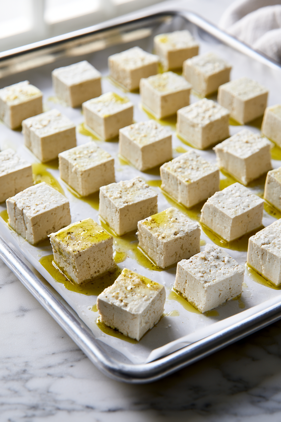 Cut the pressed tofu into 1-inch cubes. Toss with the olive oil