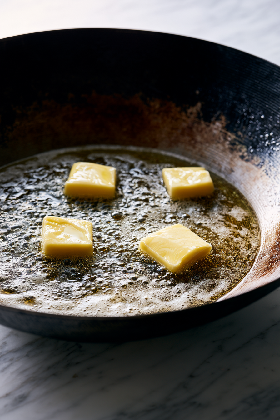 Discard all but about 1 tablespoon of oil from the pan. Reduce the heat to medium and melt the butter