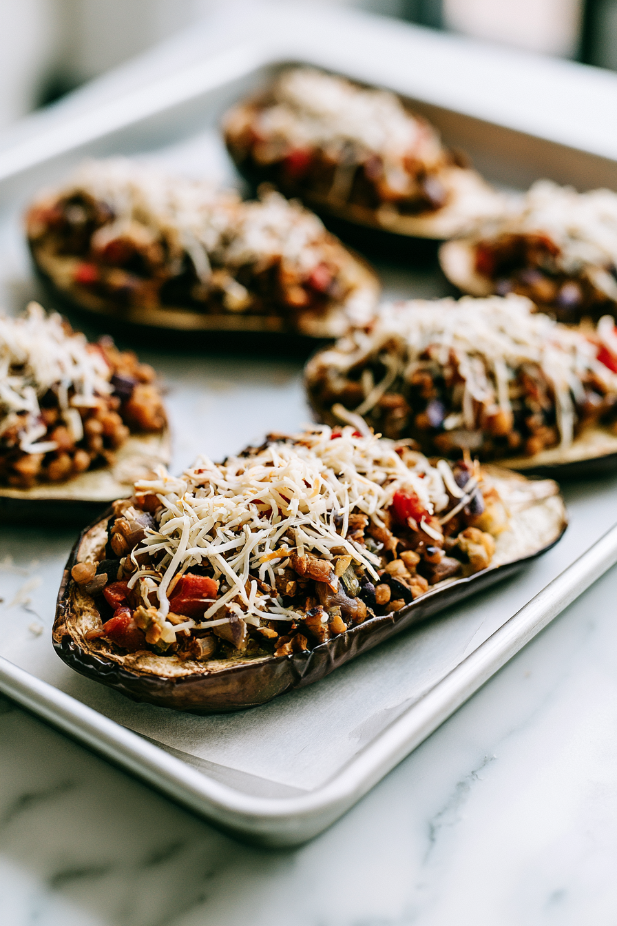 Fill each roasted eggplant half generously with the lentil mixture