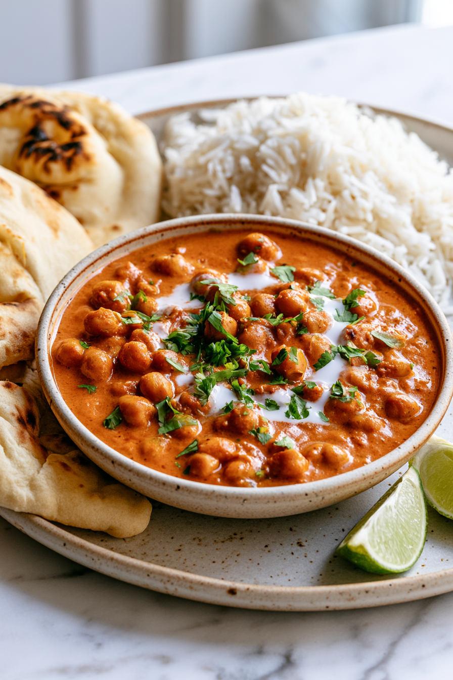 Garnish with fresh cilantro and serve hot with steamed basmati rice and warm vegan naan