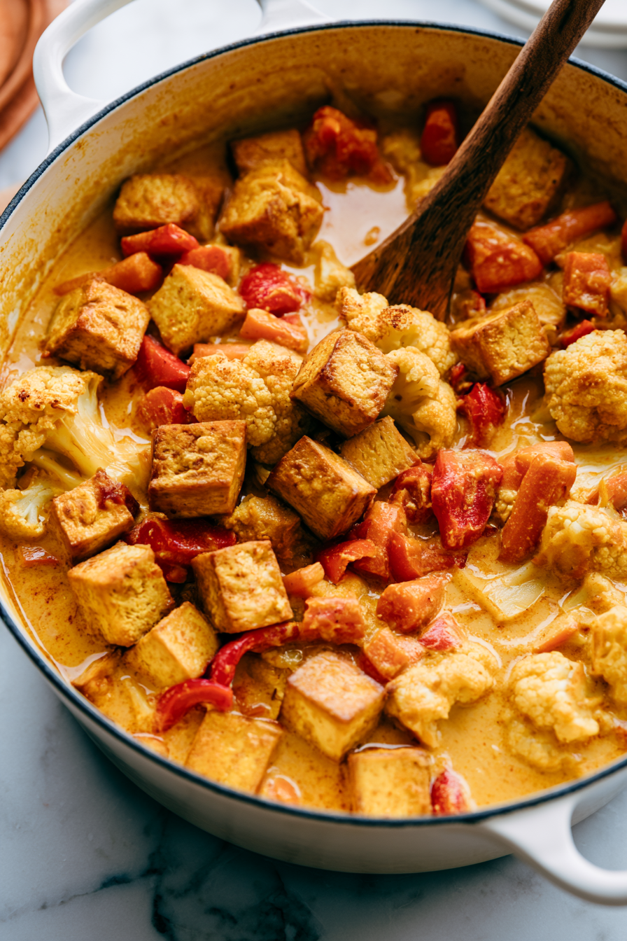 Gently stir in the baked tofu and continue cooking for another 5 minutes so the tofu absorbs the flavorful broth
