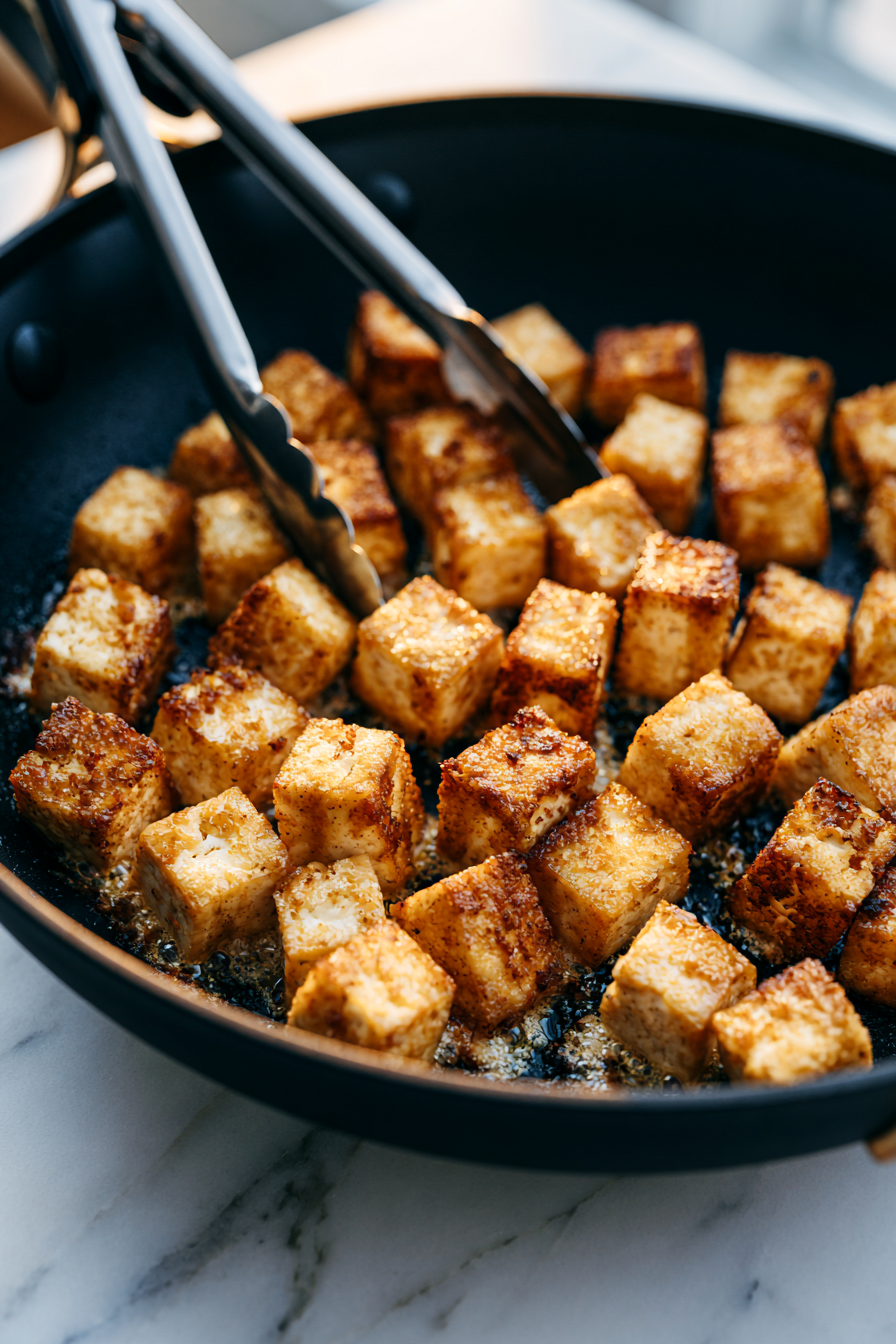 While the tofu cooks, whisk together the soy sauce, vegetable broth, rice vinegar, maple syrup, sesame oil, cornstarch, and sriracha until smooth