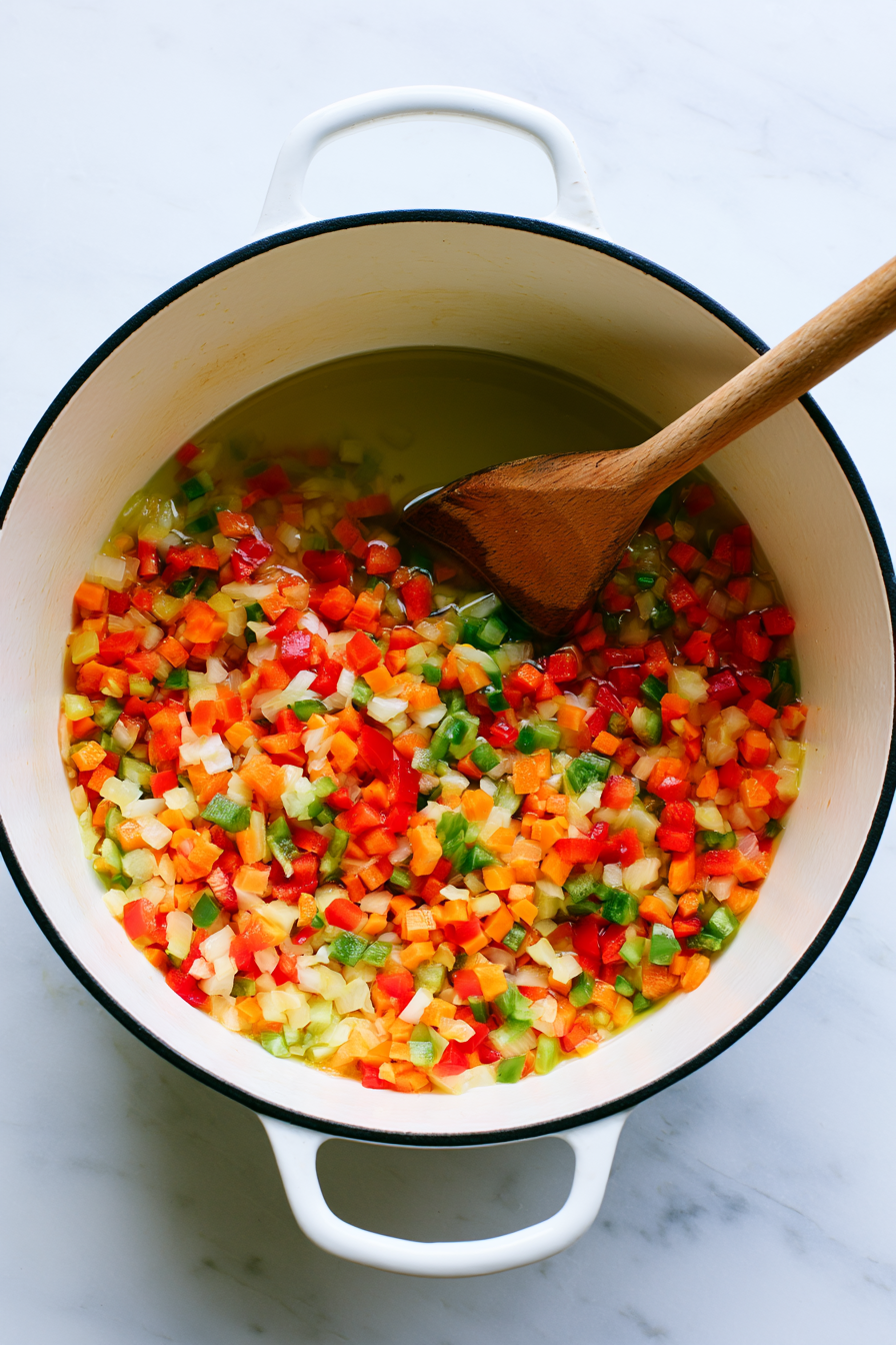 Heat the olive oil in a large Dutch oven over medium heat. Add the onion, carrots, and both bell peppers