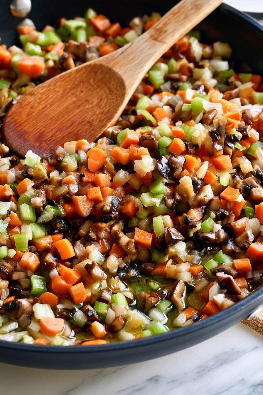 Heat the olive oil in a large skillet over medium heat Add the onion carrots celery and mushrooms