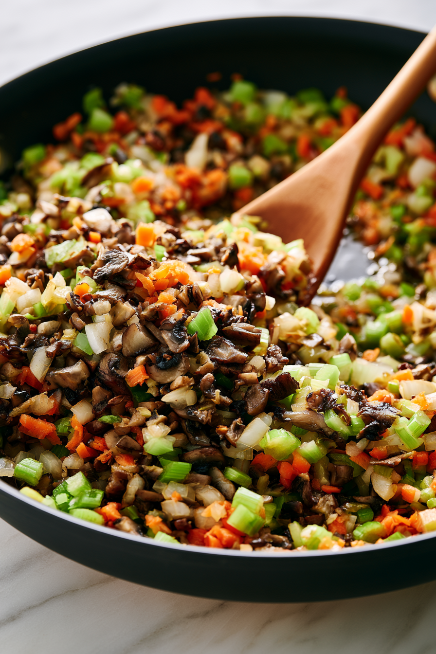 Heat the olive oil in a large skillet over medium heat. Add the onion, carrots, celery, and mushrooms