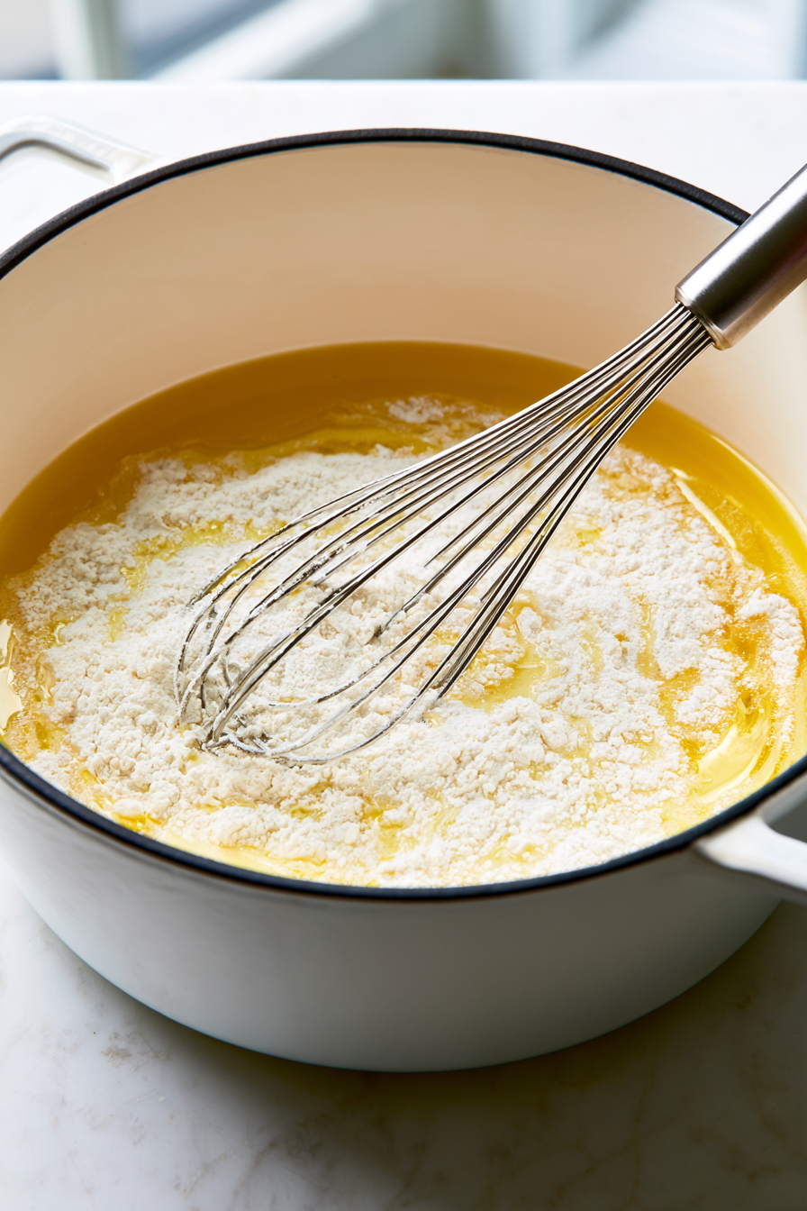 Heat the olive oil or vegan butter in a Dutch oven over medium heat. Whisk in the flour until smooth