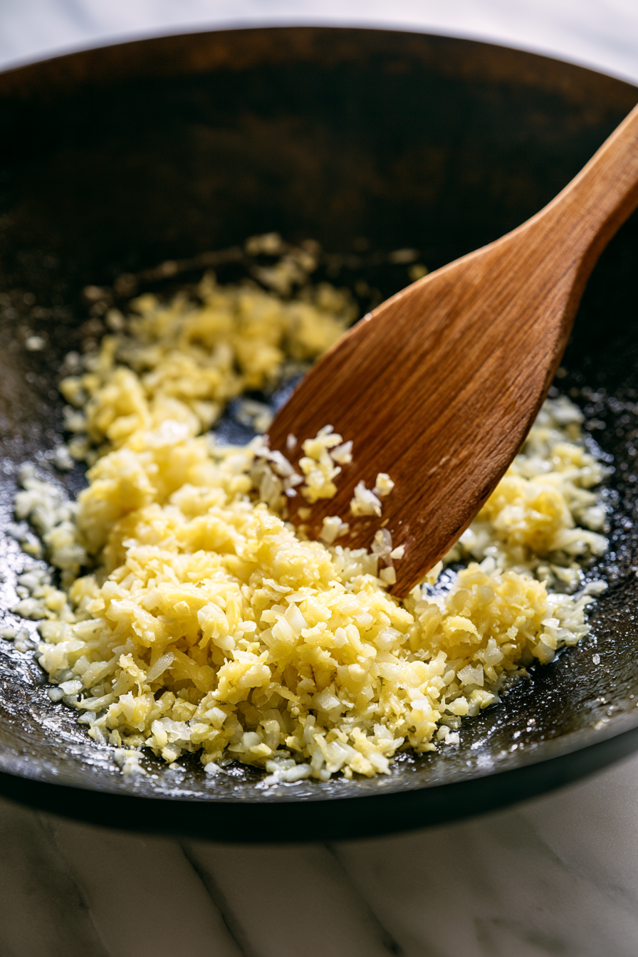 Heat the sesame oil in a large wok or skillet over medium-high heat. Add the diced onion and cook for 2 to 3 minutes until softened.