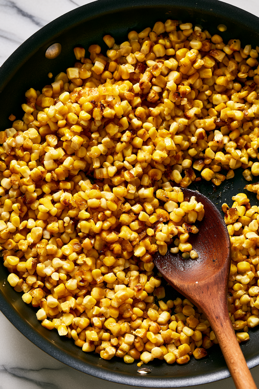 If using frozen corn, quickly sauté it in the same skillet for 2 to 3 minutes until warmed and lightly caramelized.