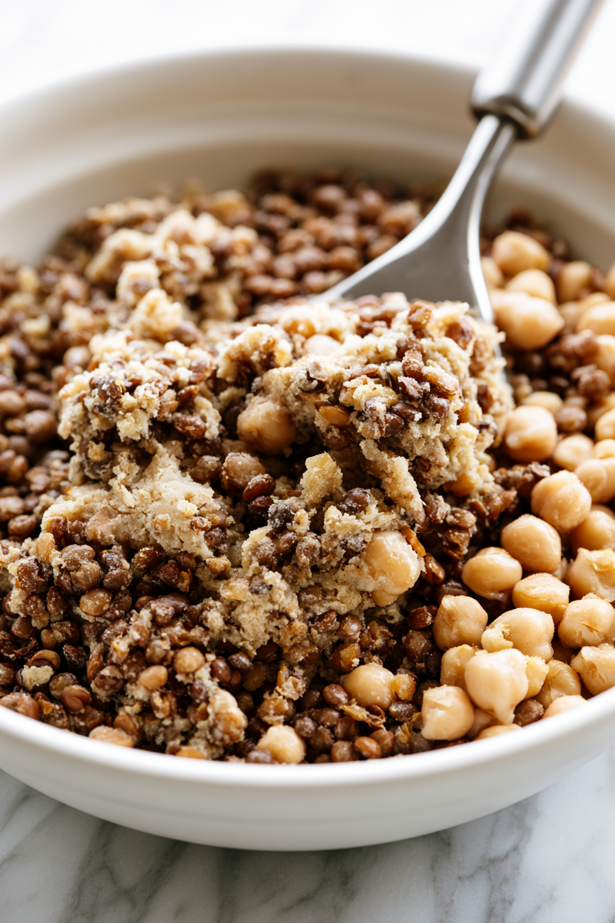 In a large bowl mash the chickpeas with a potato masher