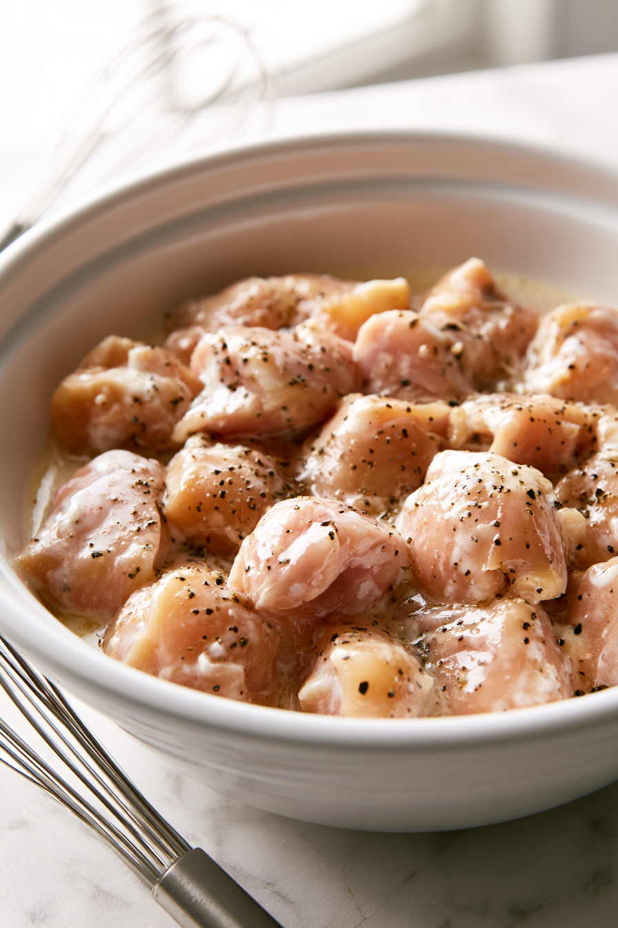 In a medium bowl, whisk together the egg whites, cornstarch, salt, and black pepper until smooth. Add the chicken pieces and toss until evenly coated