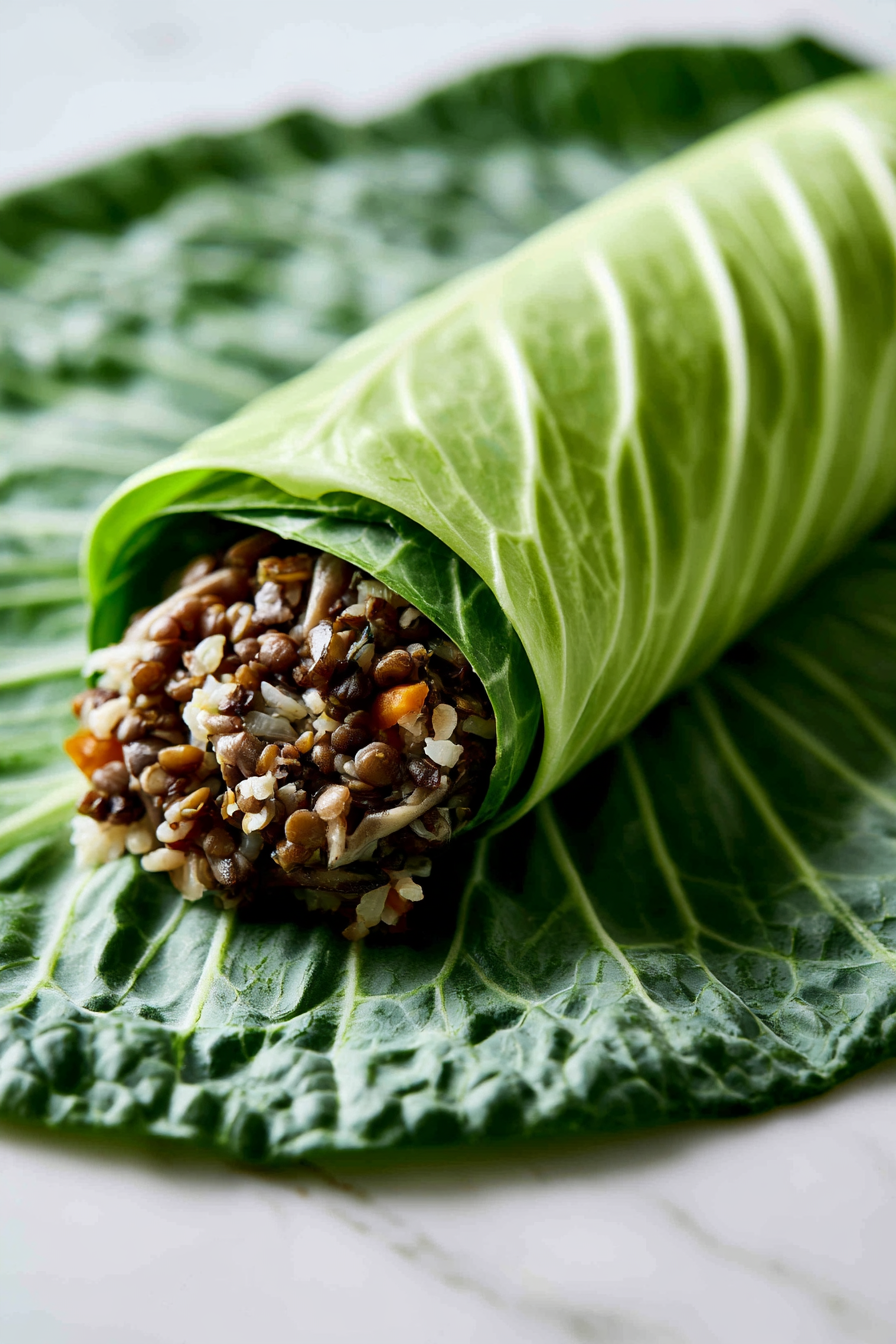 Lay a cabbage leaf flat. Trim the thick rib if needed. Place about ¼ cup of filling near the base of the leaf