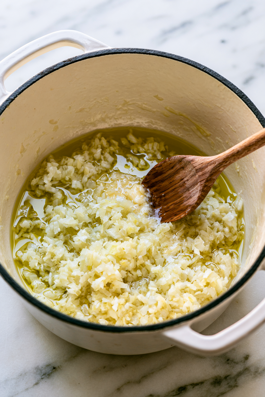 Meanwhile, heat the olive oil and vegan butter in a large skillet or Dutch oven over medium-high heat. Add the onions and cook for about 5 minutes until softened