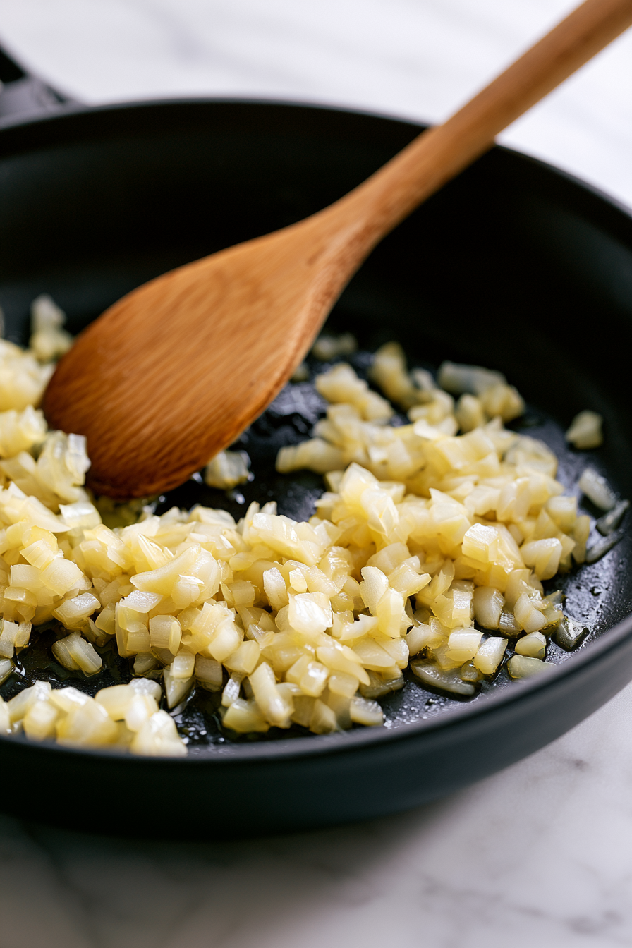 Meanwhile, heat the olive oil in a large skillet over medium heat. Add the onion and cook for about 5 minutes until softened