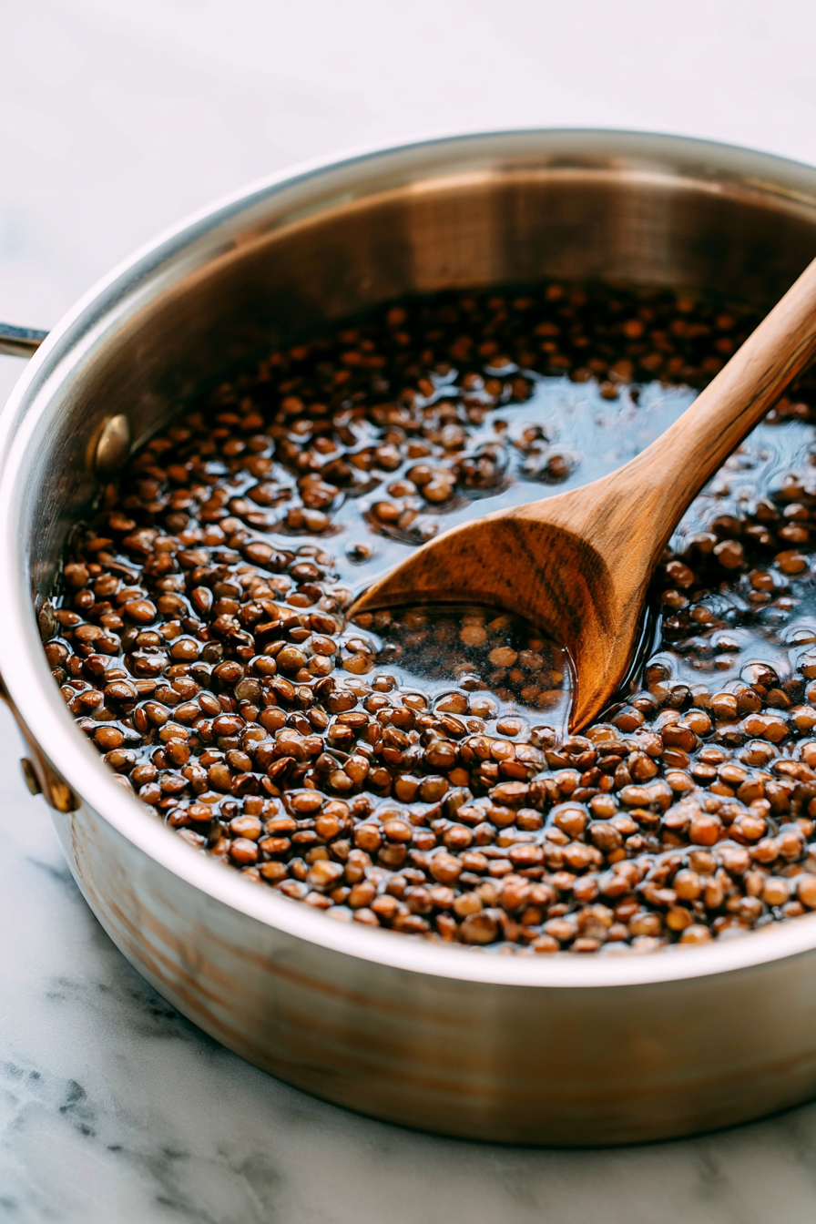 Meanwhile, rinse the lentils and cook them in the vegetable broth until tender, about 25 to 30 minutes