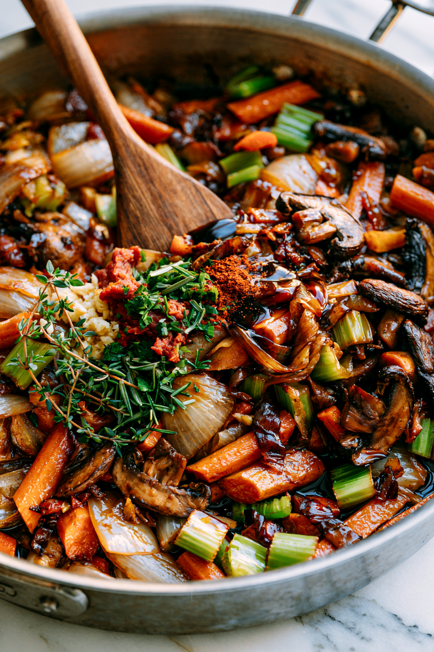 Mix in the garlic, tomato paste, thyme, rosemary, smoked paprika, Worcestershire sauce, and soy sauce. Cook for another minute until fragrant.