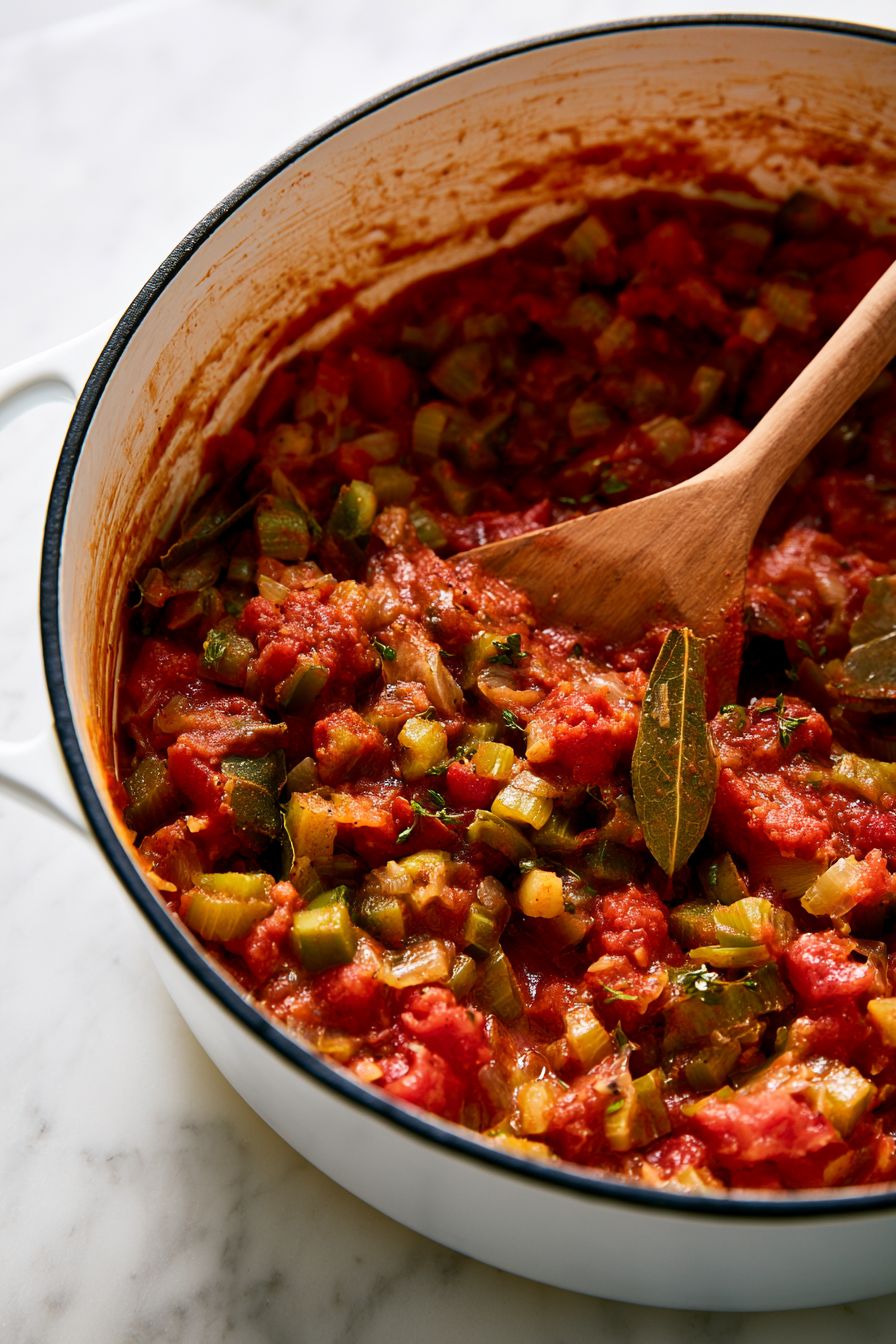 Mix in the tomato paste, Cajun seasoning, smoked paprika, thyme, oregano, and bay leaves