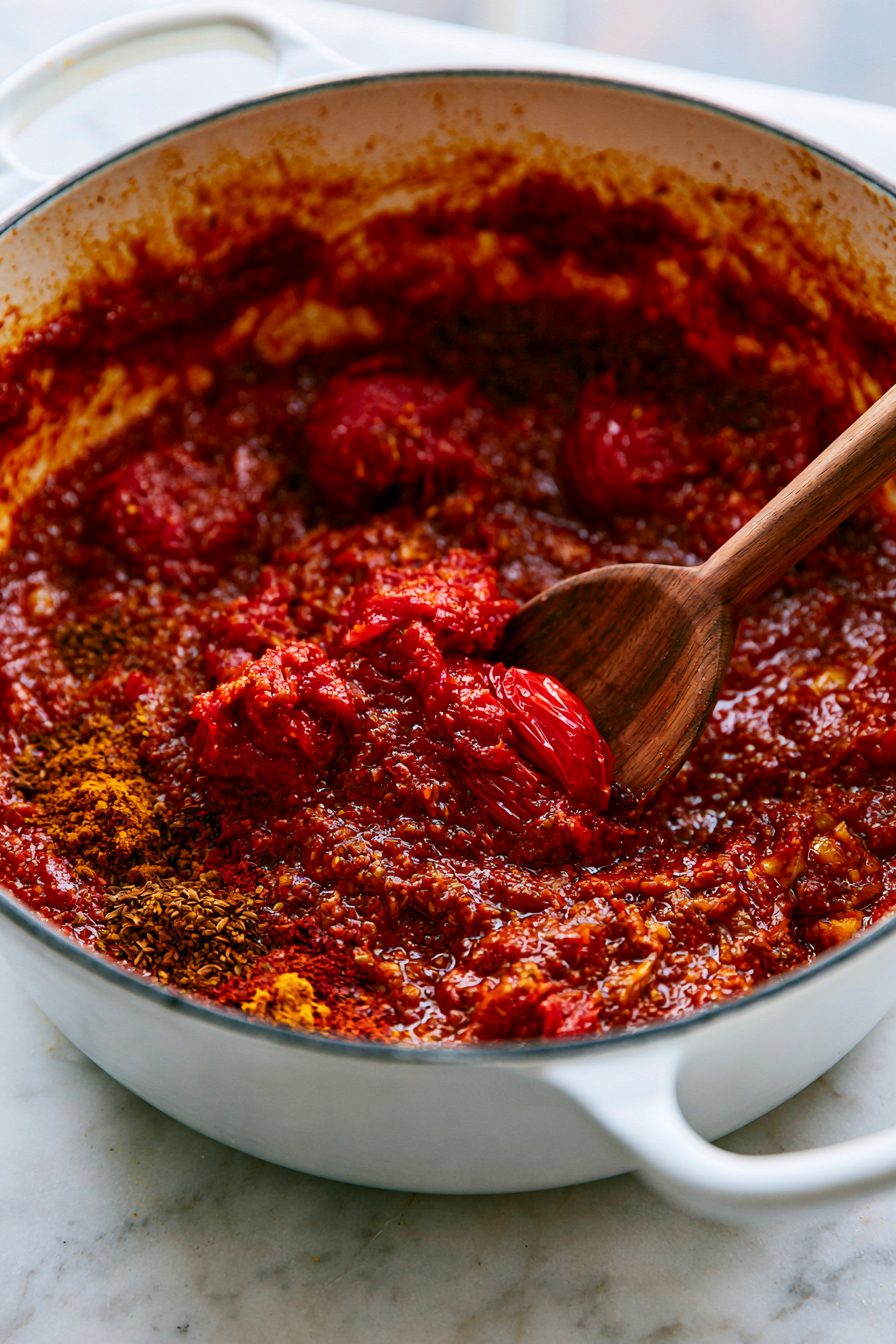 Sprinkle in the curry powder, ground cumin, coriander, turmeric, smoked paprika, and cayenne.