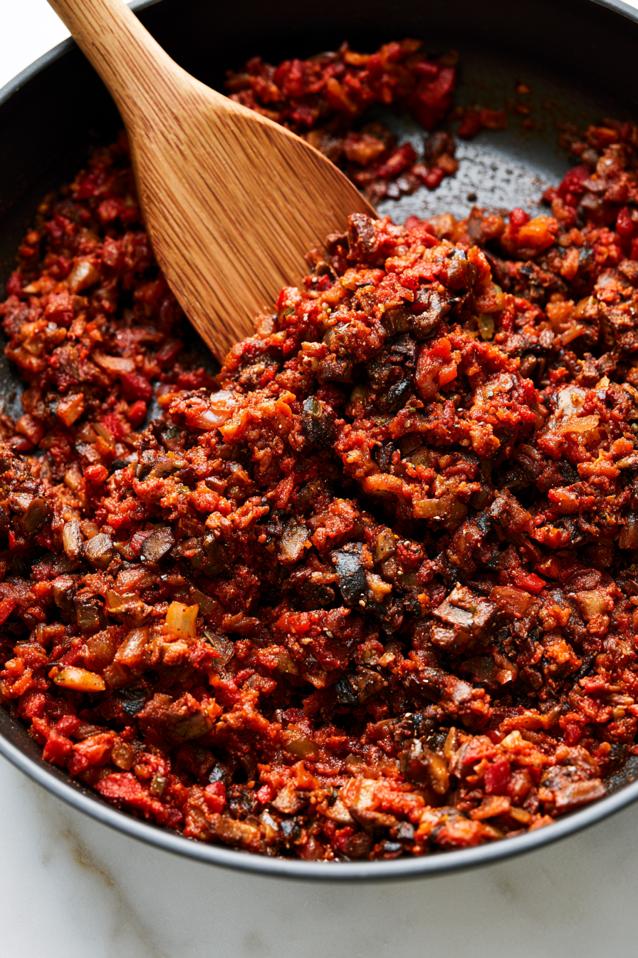 Mix in the tomato paste, smoked paprika, thyme, oregano, salt, and pepper. Cook for 1 minute.