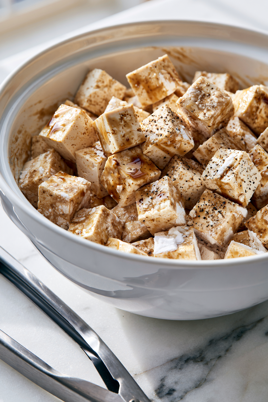 Pat the tofu dry with paper towels, then cut it into bite-sized cubes