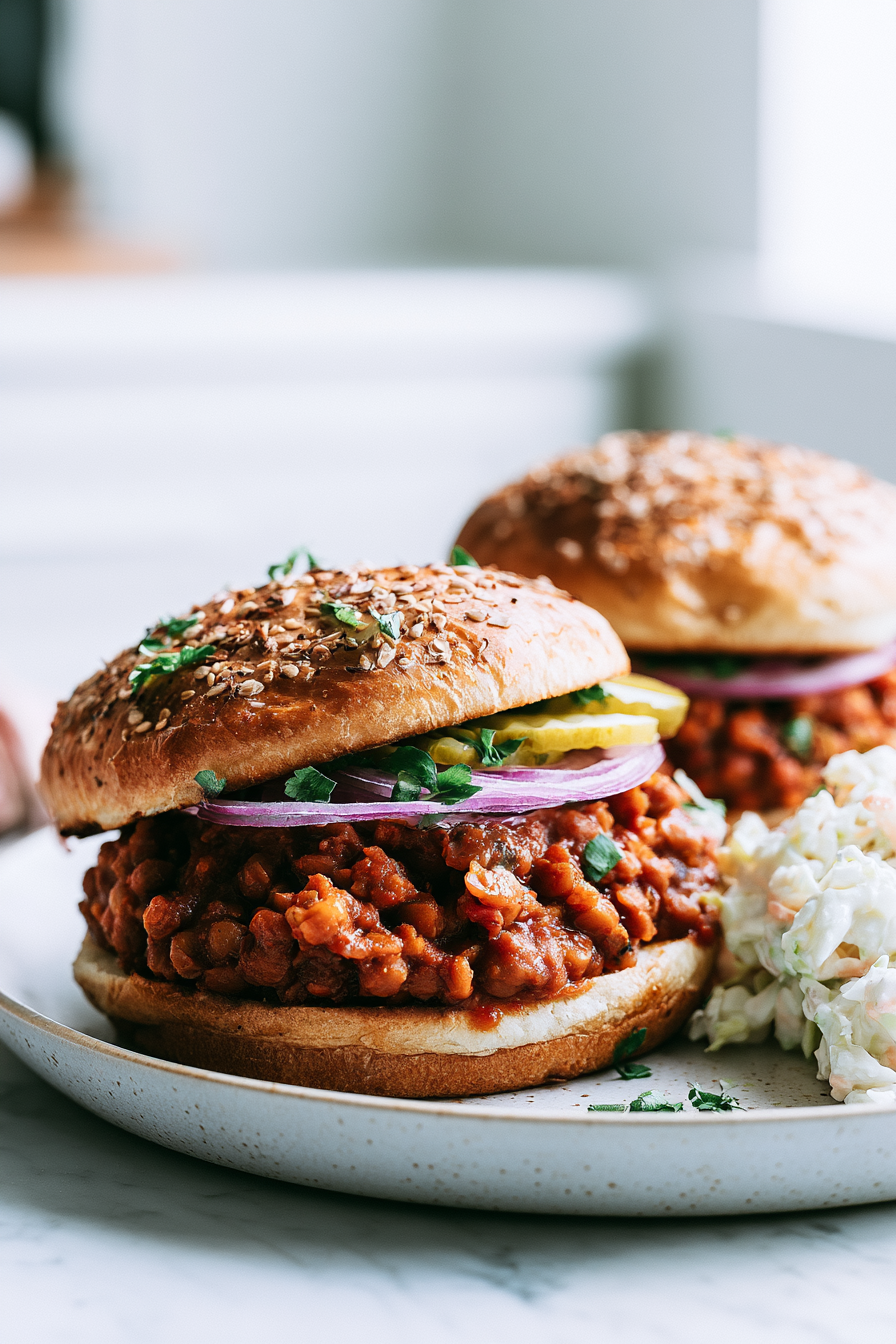 Pile the lentil mixture onto the toasted buns and top with pickles, sliced onion, or coleslaw before serving