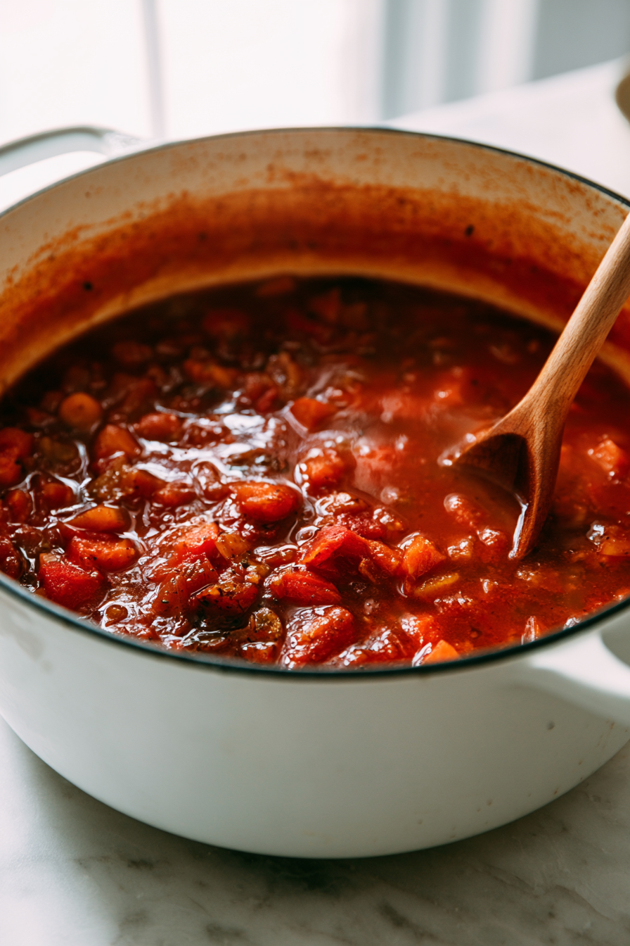 Pour in the diced tomatoes and vegetable broth, scraping the bottom of the pot to loosen any browned bits