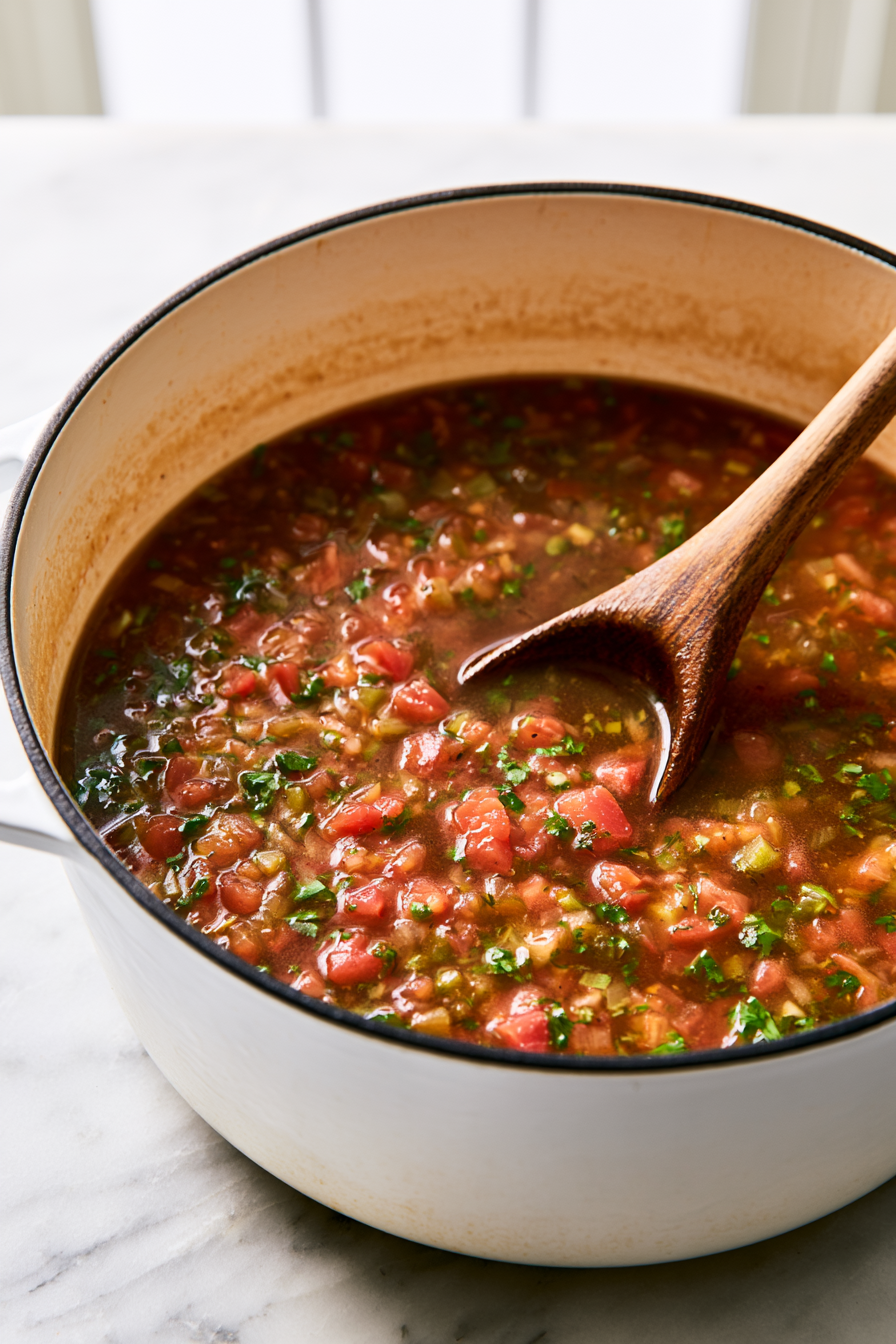 Pour in the diced tomatoes and vegetable broth, stirring well to combine with the roux