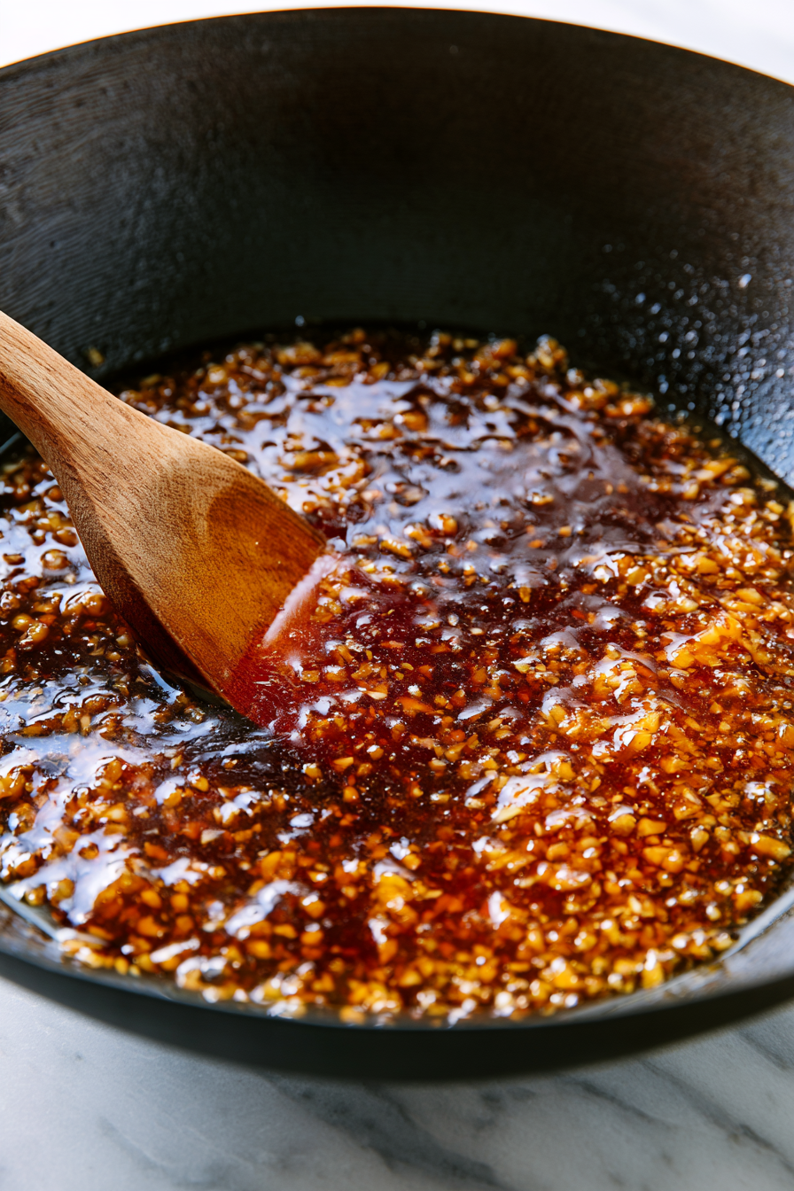 Pour in the prepared honey garlic sauce and bring it to a gentle simmer