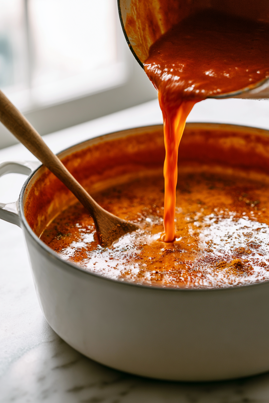 Pour in the tomato sauce and vegetable broth