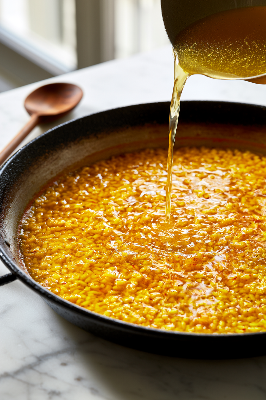 Slowly pour in the warm saffron broth. Stir once to distribute the rice evenly, then do not stir again