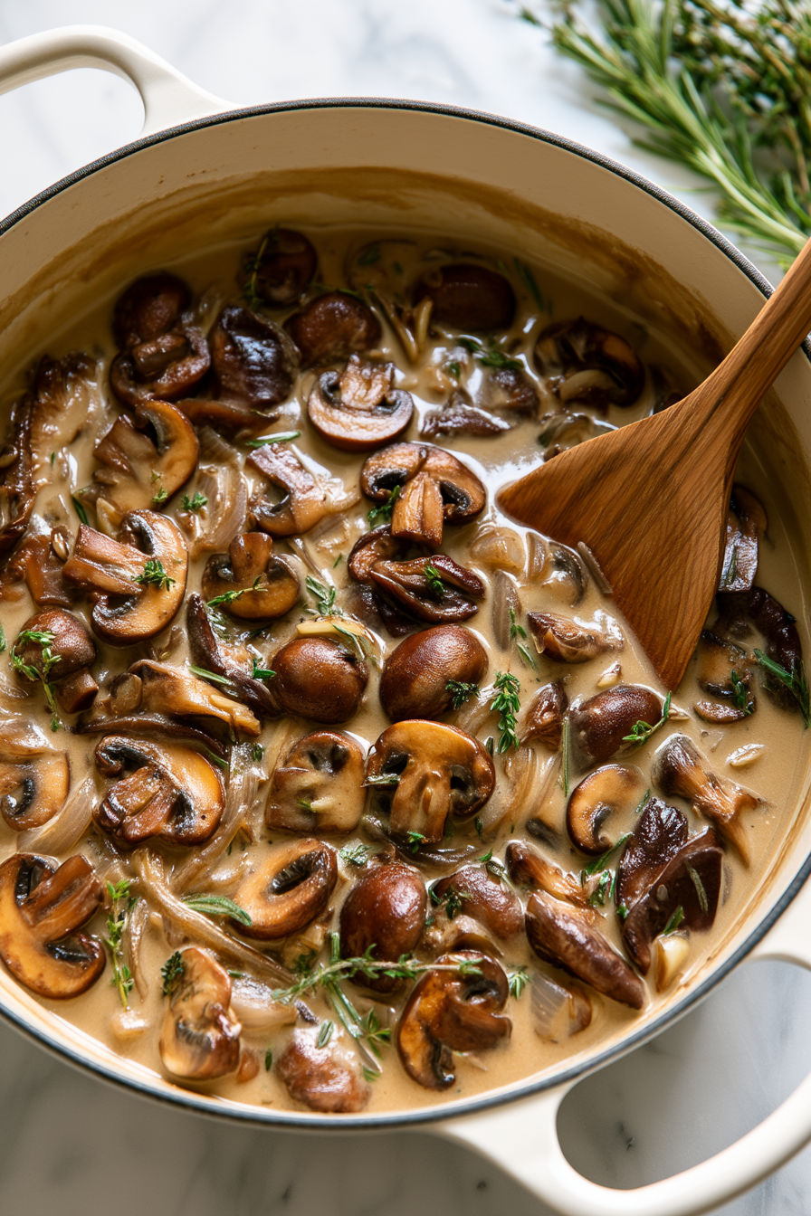 Slowly whisk in the vegetable broth, scraping up any browned bits from the bottom of the pan