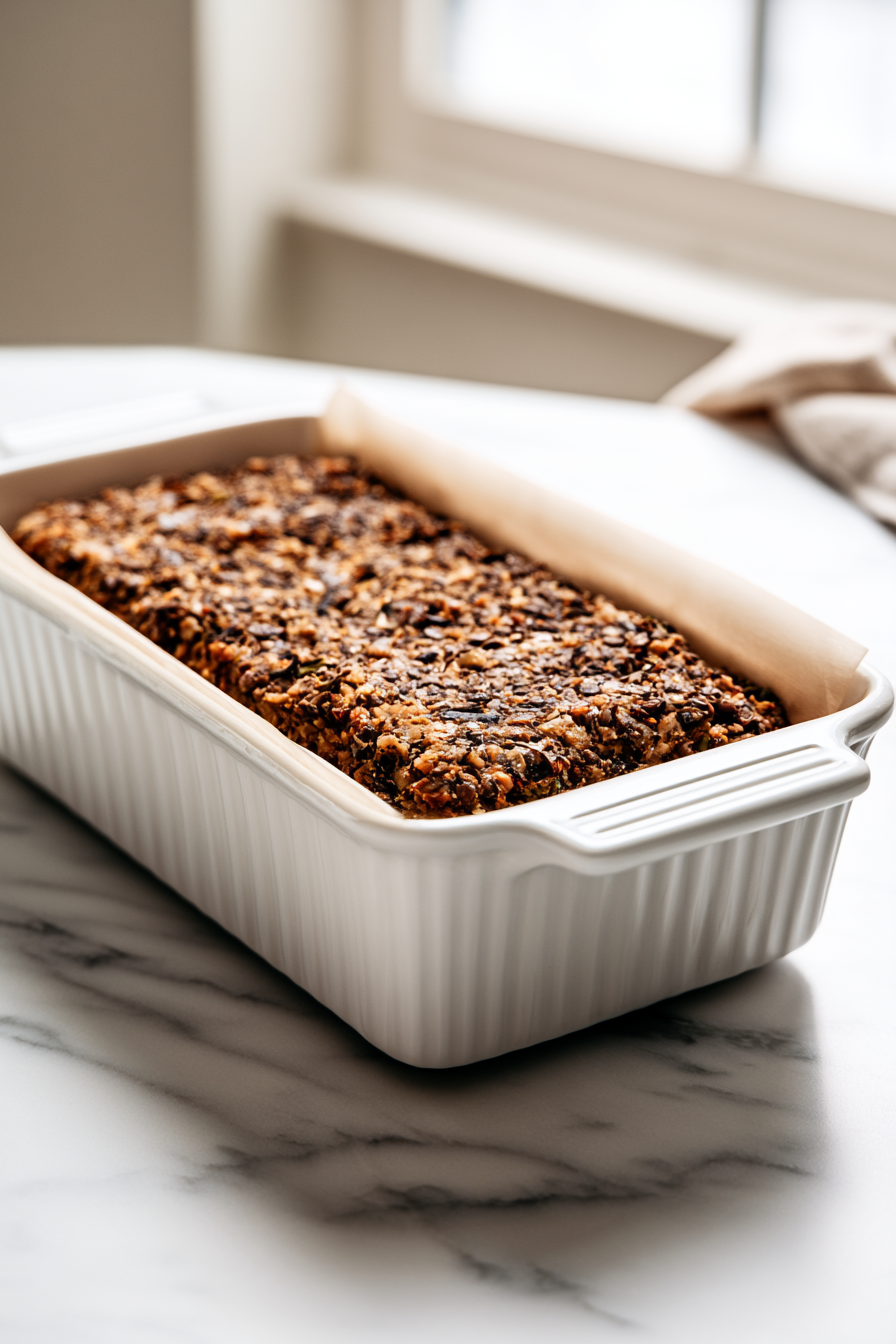 Spoon the mixture into the prepared loaf pan and press it down firmly with the back of a spoon
