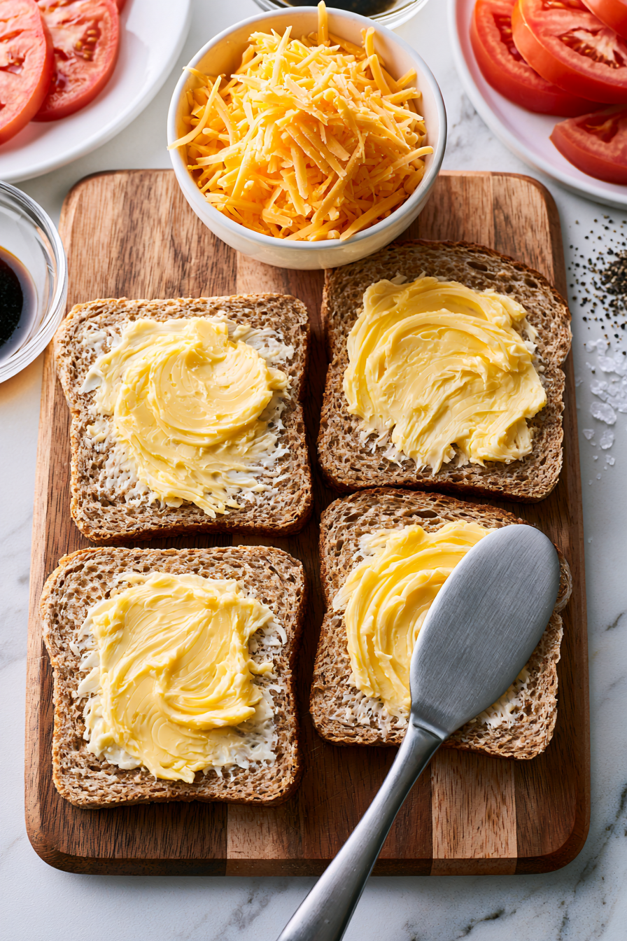 Spread a thin layer of softened butter over one side of each slice of bread