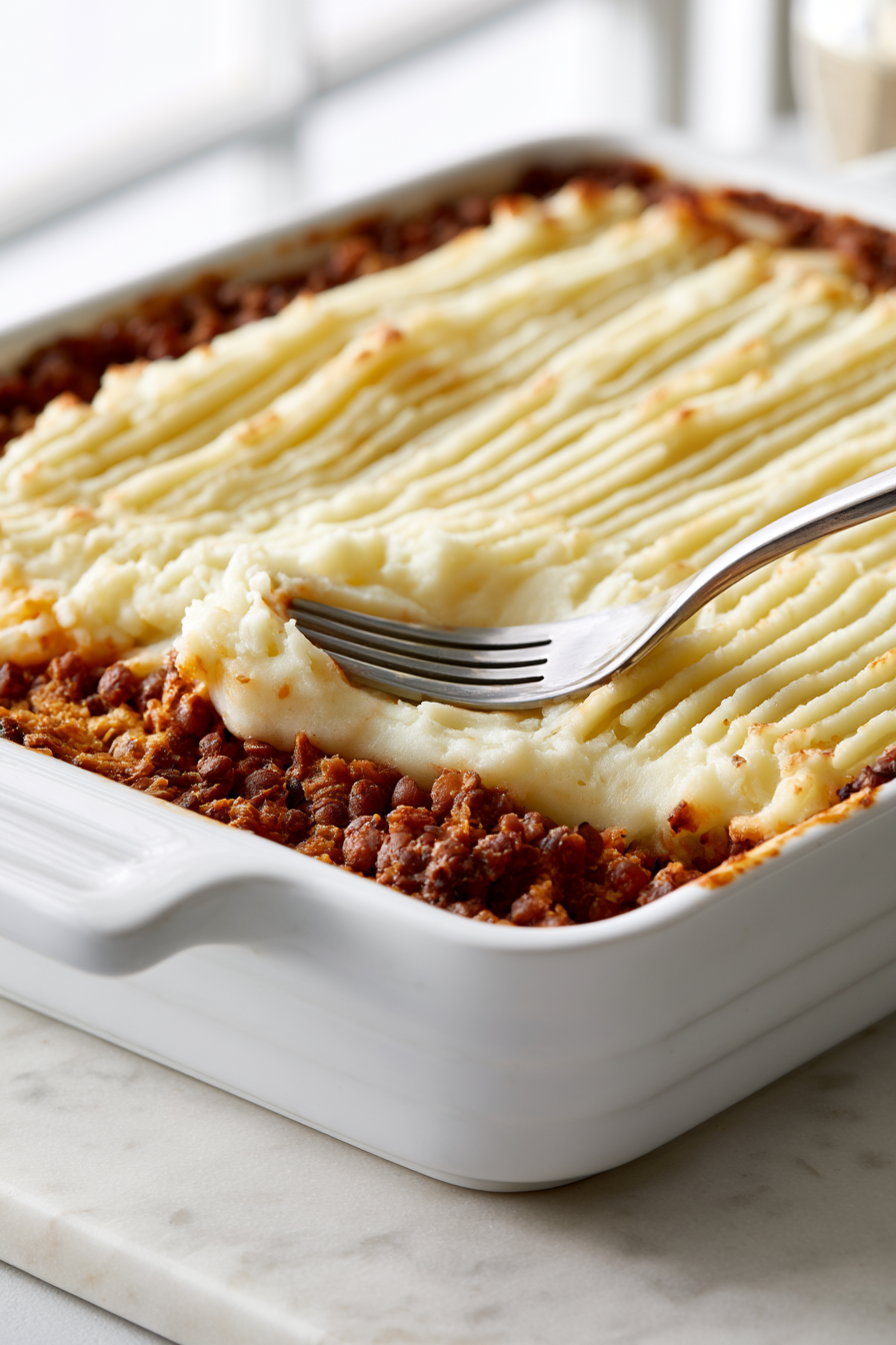 Spread the lentil mixture evenly into the prepared baking dish. Spoon the mashed potatoes over the filling and gently spread them