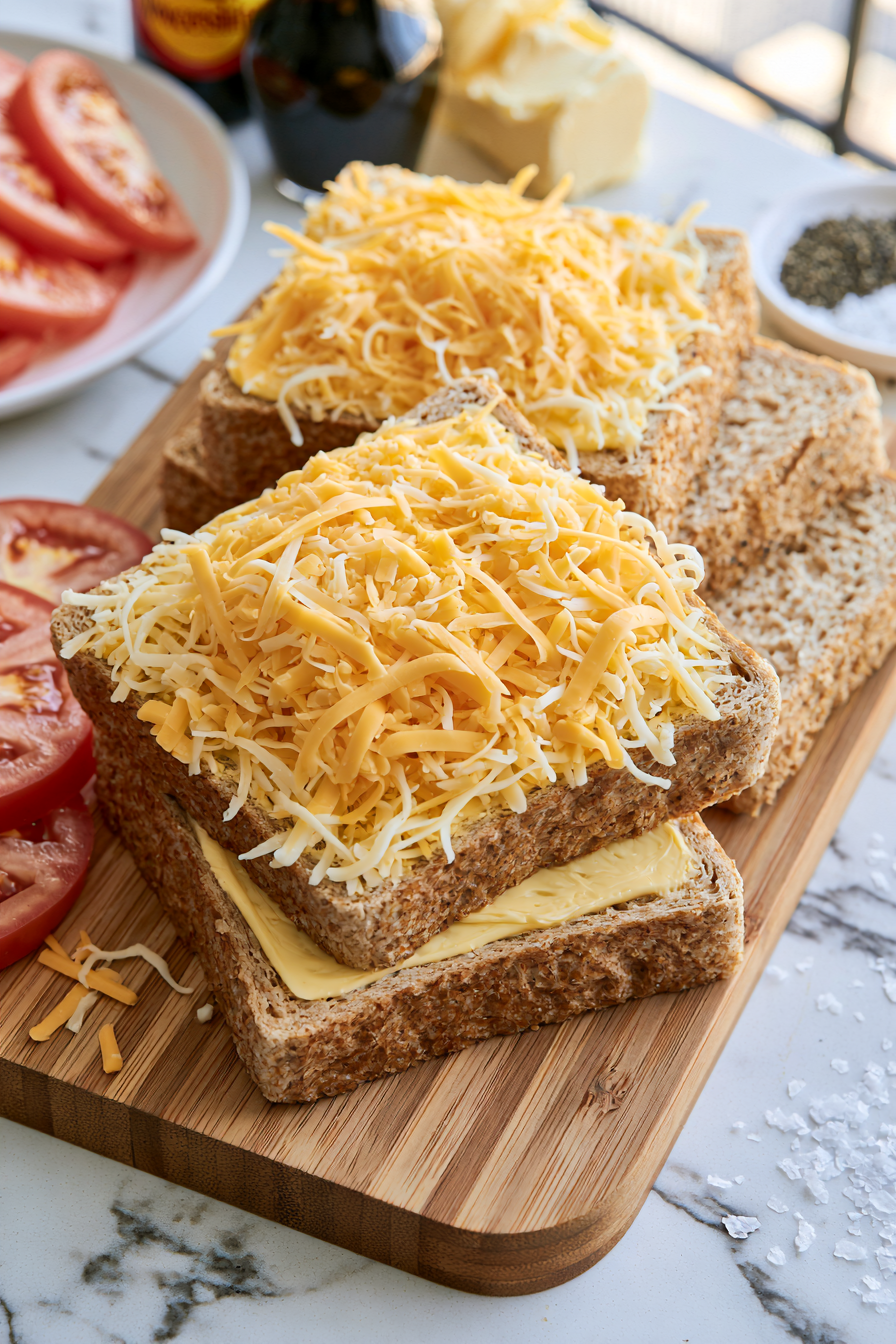 Sprinkle half of the grated cheddar onto two slices of bread, creating an even layer that reaches close to the edges