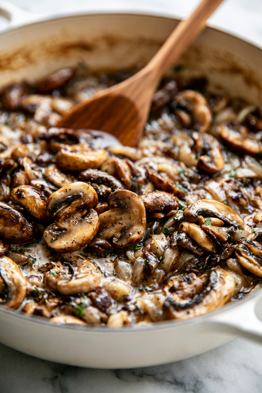 Sprinkle the flour over the mushrooms and stir continuously for about 1 minute until no dry flour remains