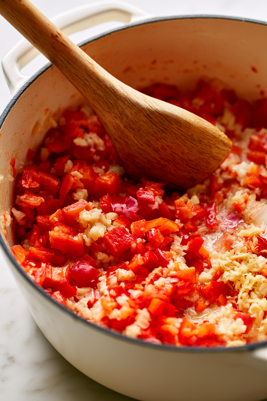 Stir in the bell pepper, garlic, and fresh ginger. Cook for another 2 minutes until fragrant