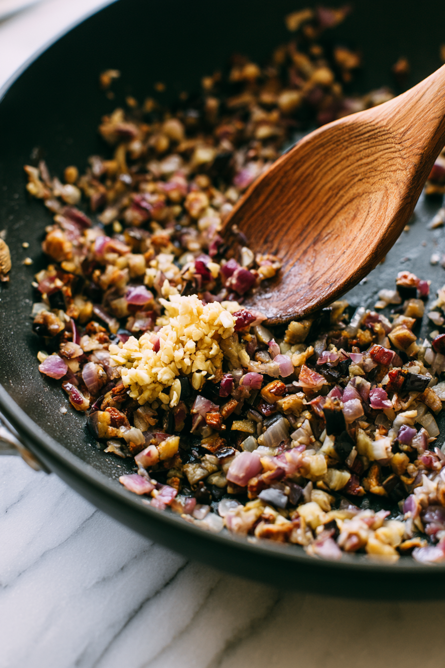 Stir in the garlic and chopped eggplant flesh. Cook for another 5 to 7 minutes until the eggplant becomes tender