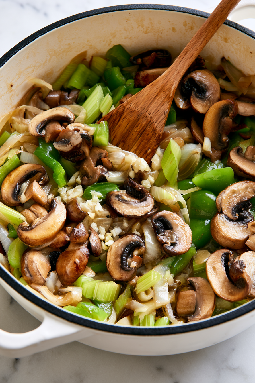 Stir in the garlic and mushrooms. Cook for another 5 minutes until the mushrooms release their moisture