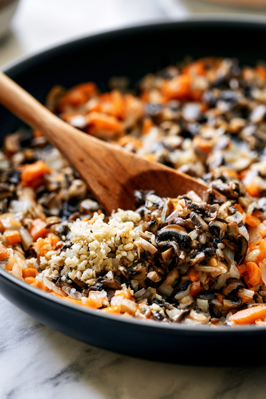 Stir in the garlic and mushrooms. Cook for another 6 to 8 minutes until the mushrooms release their moisture and begin to brown.