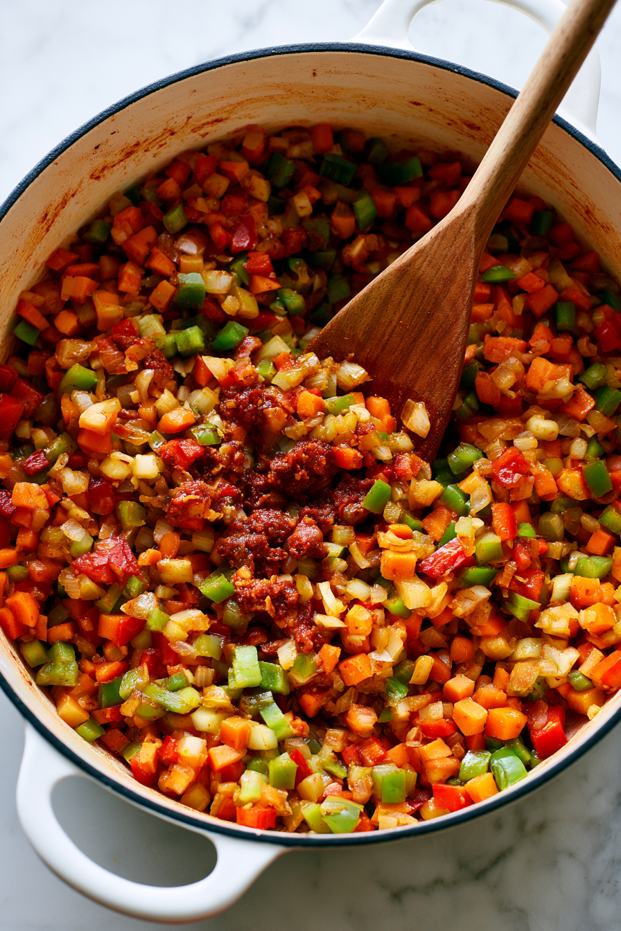 Stir in the garlic and tomato paste, cooking for another minute until fragrant