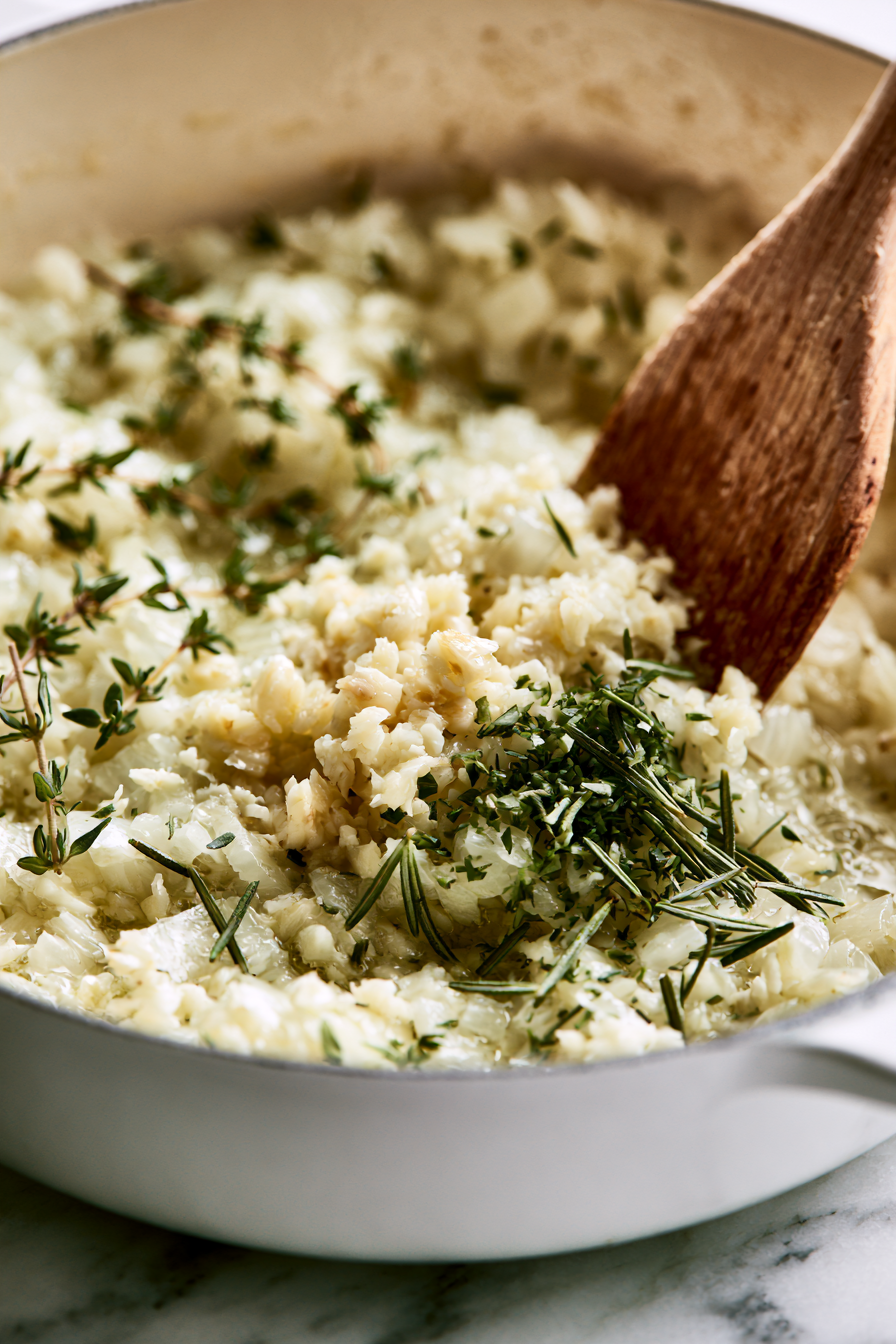 Stir in the garlic, thyme, and rosemary, then cook for another 30 seconds until fragrant