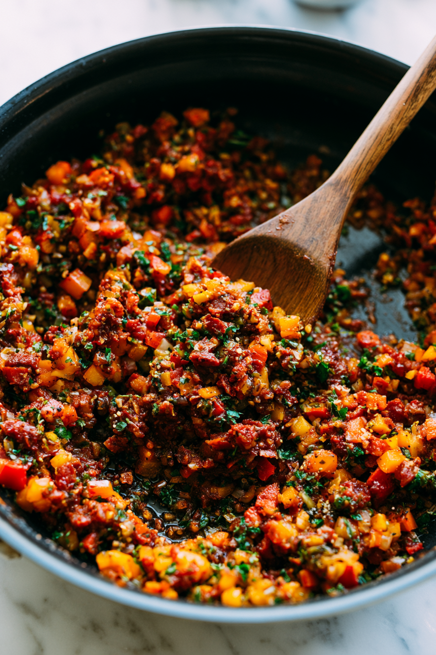 Stir in the garlic, tomato paste, soy sauce, vegan Worcestershire sauce, thyme, smoked paprika, onion powder, garlic powder, parsley, salt, and pepper