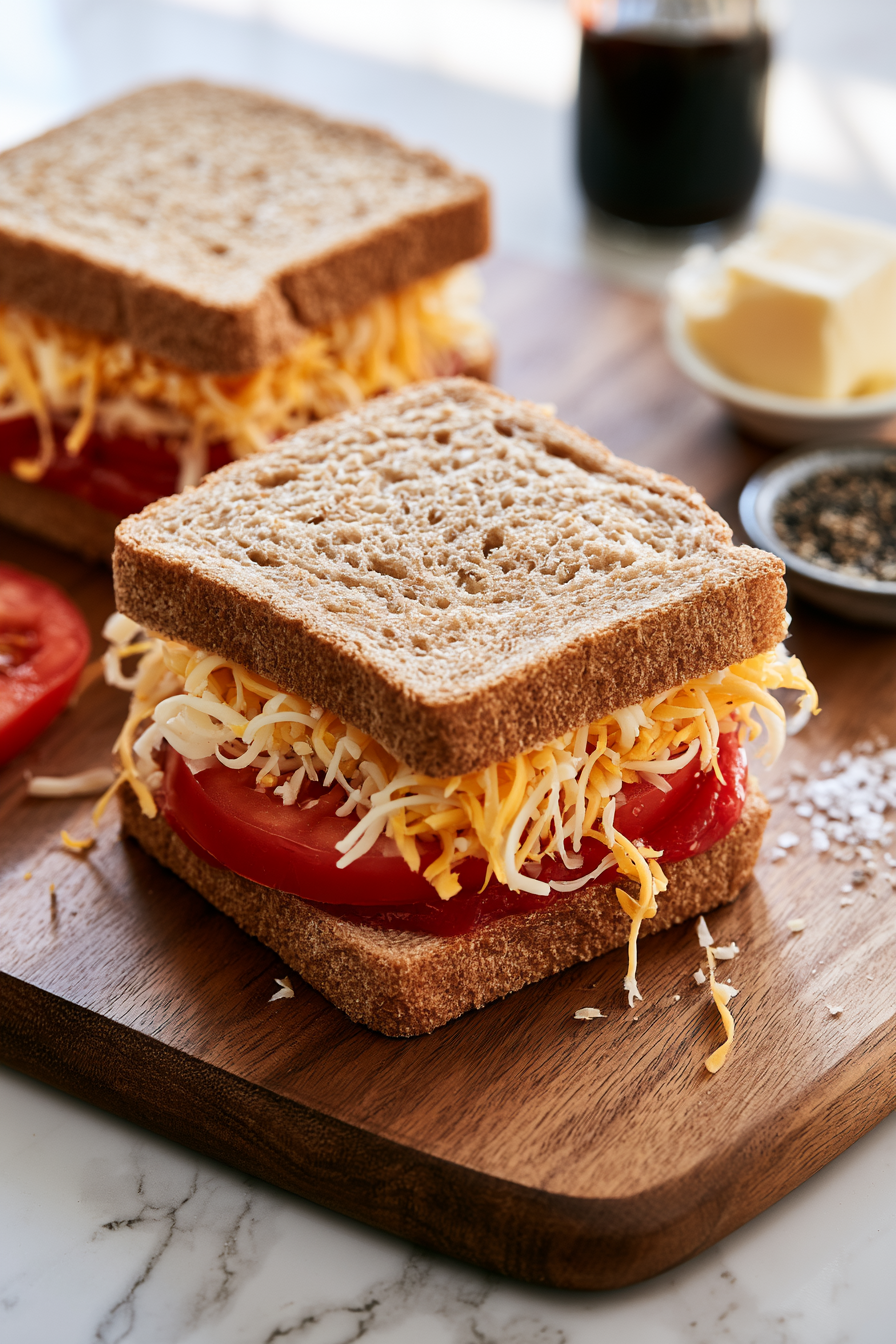 Top with the remaining cheddar, then finish with the second slice of bread, keeping the buttered side facing outward