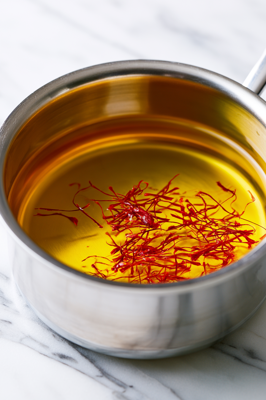 Warm the vegetable broth in a saucepan over low heat. Add the saffron threads and let them steep while you prepare the vegetables