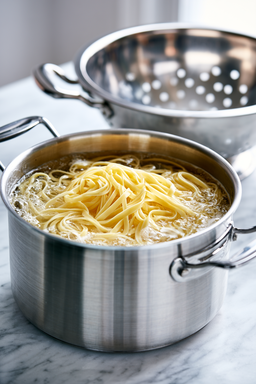 While the sauce simmers, cook the pasta in well-salted boiling water until al dente