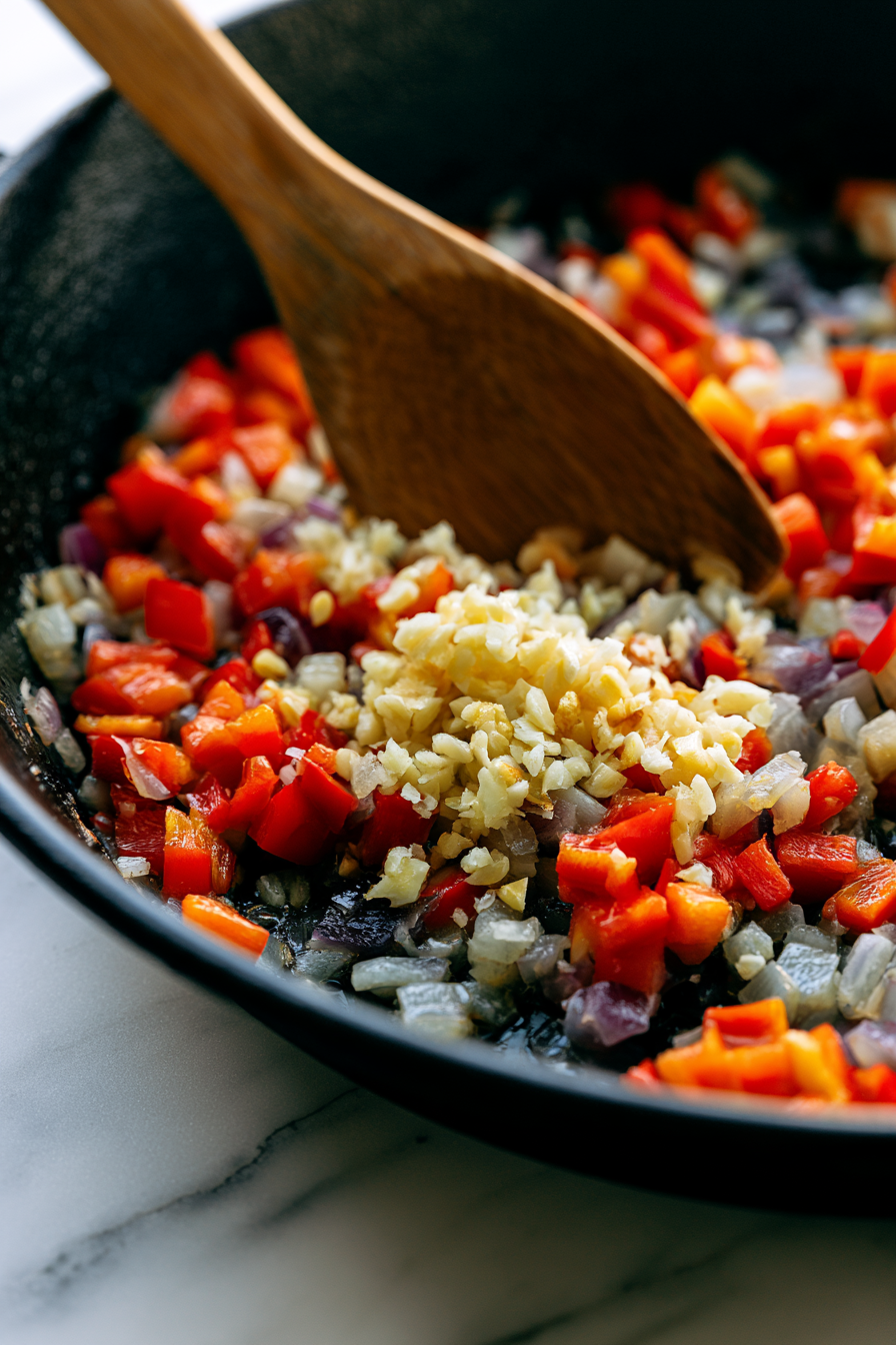 Add the onion and bell pepper. Cook for 5 to 6 minutes until softened. Stir in the garlic and cook for about 30 seconds until fragrant.
