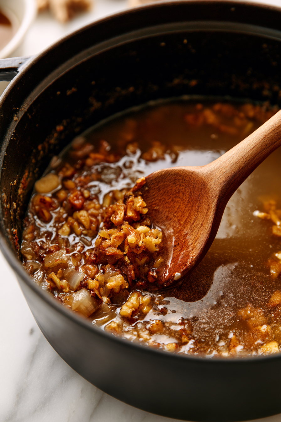 Add 1 cup of vegetable broth and scrape the bottom of the pot with a wooden spoon to release any flavorful browned bits